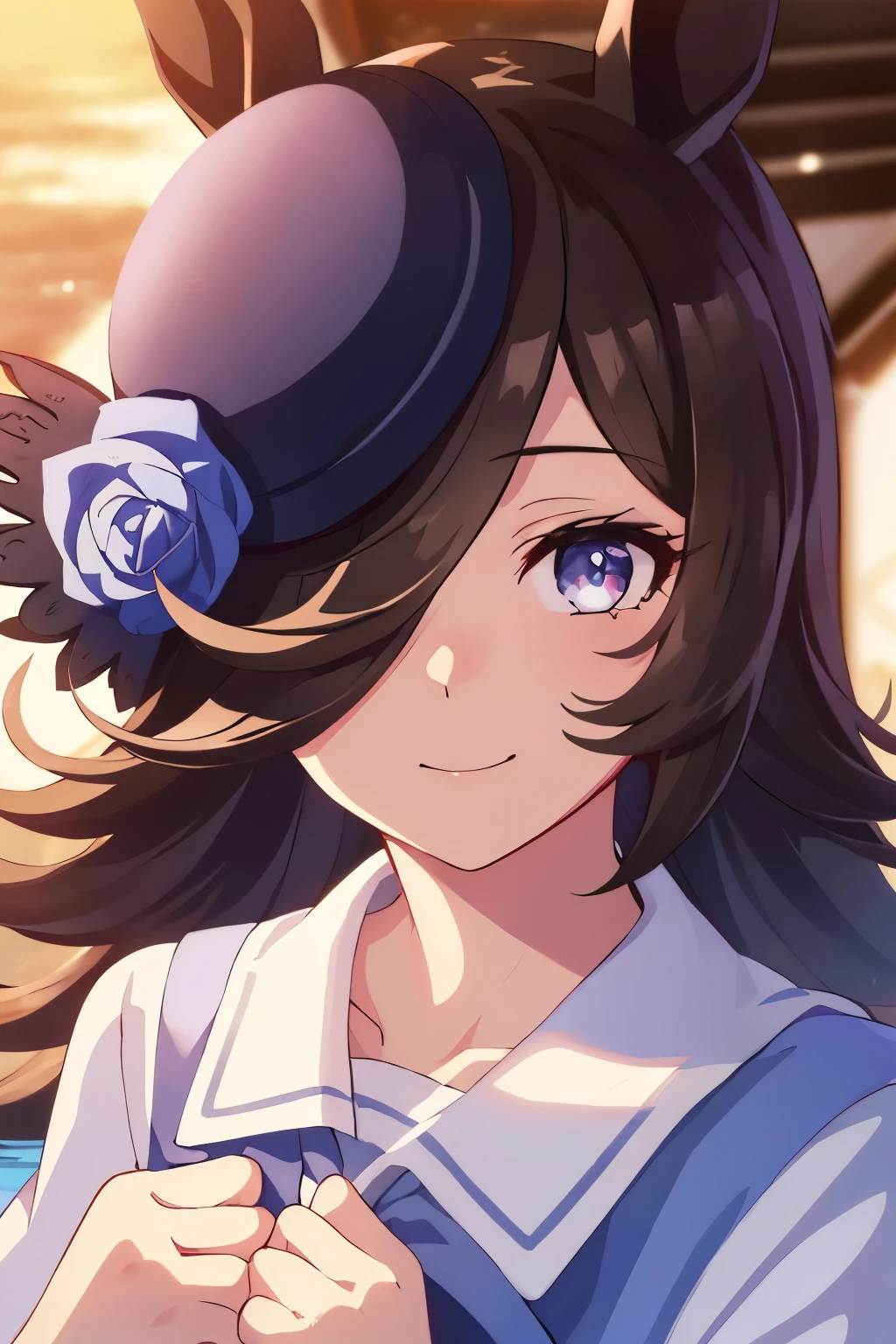 (Tabletop.highest quality).(Dynamic Angle). (CG paintings with attention to detail),(Perfect Image)、Comic Strip.shape.1 girl.Detailed face、Perfect Face.Delicate face、Cute and delicate girl in a white shirt、Rough skin、Black Hair.length、(Umamimi Girl)Umamimi Girl、((Beautiful Blue Eyes)).繊細でBeautiful Eyes、Beautiful Eyes、Reflective eyes、smile.(Looking at the audience:1.3).(Face is a little red:0.8)、8k wallpaper、Cowboy Shot、reflected light、Most detailed、Complex、((Delicate sea background、season summer))、Rough skin、Fine skin、(Super Resolution)、((Cute girl in white shirt))