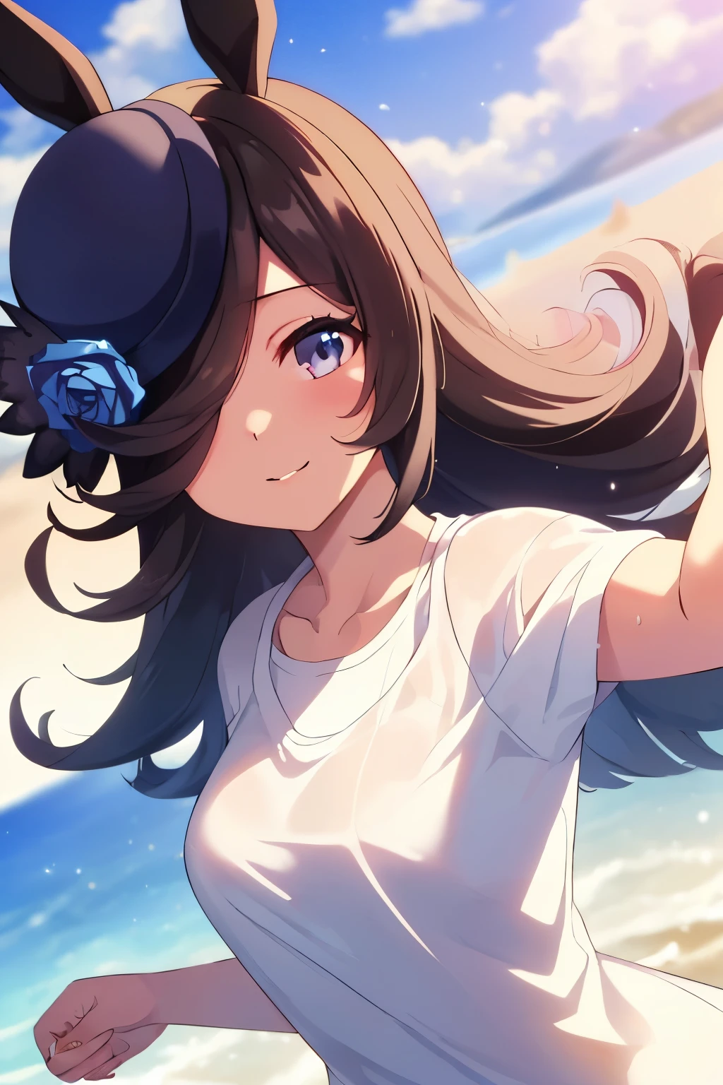 (Tabletop.highest quality).(Dynamic Angle). (CG paintings with attention to detail),(Perfect Image)、Comic Strip.shape.1 girl.Detailed face、Perfect Face.Delicate face、Cute and delicate girl in a white shirt、Rough skin、Black Hair.length、(Umamimi Girl)Umamimi Girl、((Beautiful Blue Eyes)).繊細でBeautiful Eyes、Beautiful Eyes、Reflective eyes、smile.(Looking at the audience:1.3).(Face is a little red:0.8)、8k wallpaper、Cowboy Shot、reflected light、Most detailed、Complex、((Delicate sea background、season summer))、Rough skin、Fine skin、(Super Resolution)、((Cute girl in white shirt))