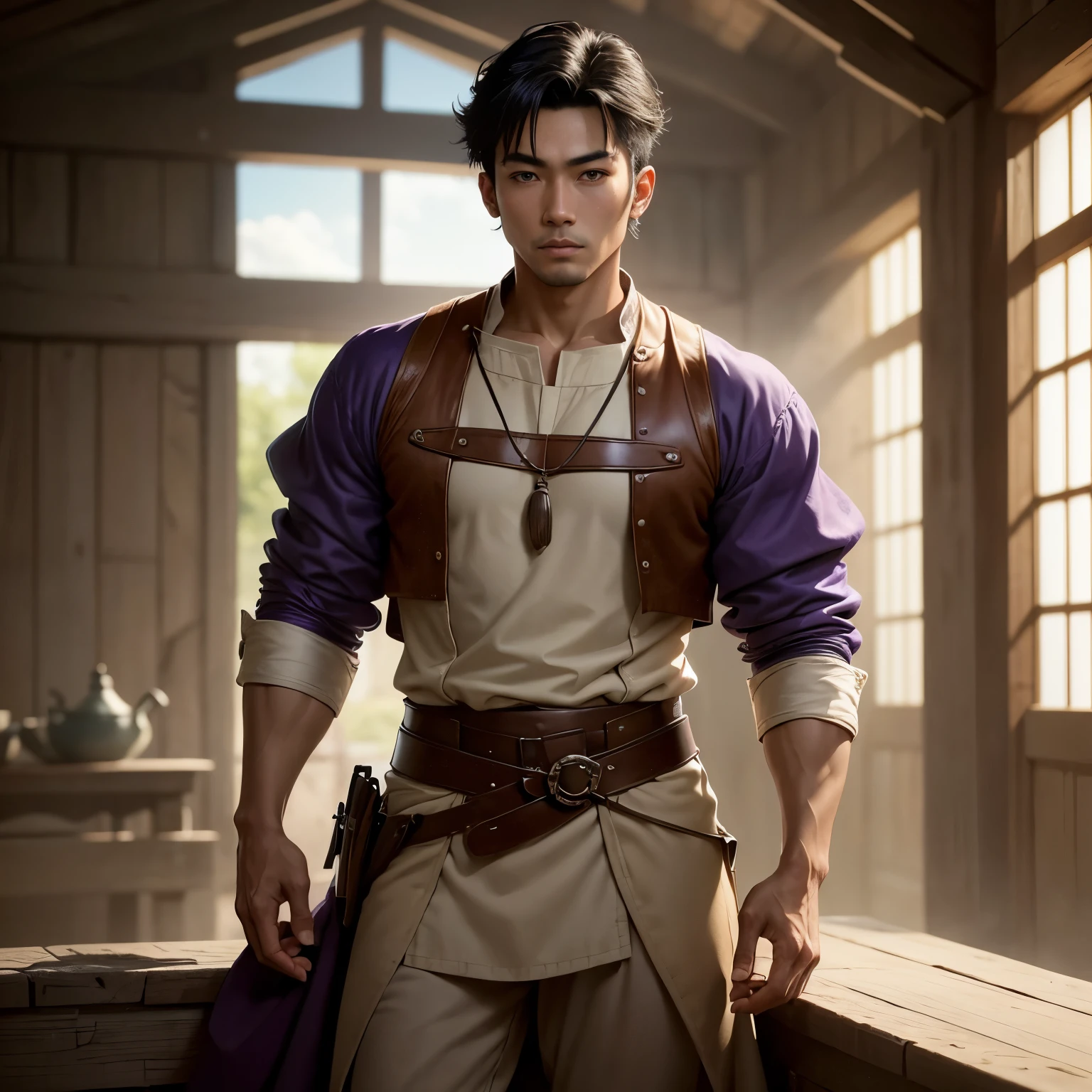 8k, masterpiece, best quality, realistic, higly detailed, cowboy shot, 1boy, solo, Izana Kurokawa, half-Filipino half-Japanese man, average height, large purple eyes, light brown complexion, straight short white hair styled in a center-parted undercut, clothed, medieval, monk, clothed, medieval, monk,