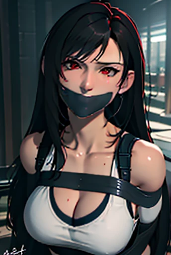 solo,blindfold, head tilt,sitting on chair,bar, tape gag, tape bondage, rope,Tifa Lockheart,masterpiece,(8k, best quality, masterpiece:1,2), (realistic, photo-realistic:1,37), top quality,