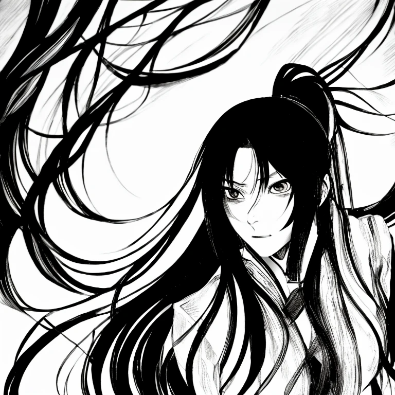 anime girl with long hair and ponytail in black and white, by Yang J, inspired by Yang Jin, heise jinyao, inspired by Okumura Masanobu, inspired by Bian Shoumin, anime handsome man, inspired by Zhang Han, painted in anime painter studio, inspired by Li Mei-shu, inspired by Hong Ren, beautiful character painting