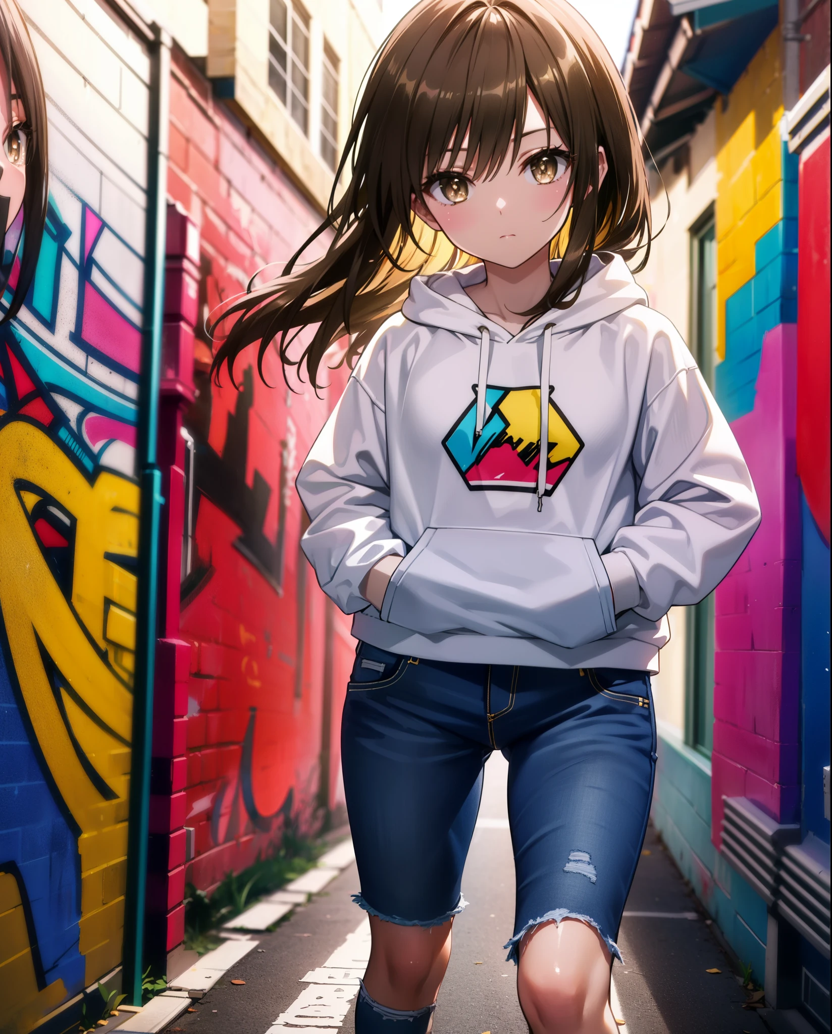 yuikotegawa, Yui Kotegawa, Black Hair, (Brown eyes:1.5), Long Hair,Baseball hats,Oversized hoodie,Oversized jeans,High-top sneakers,Both hands are in the pockets of the hoodie,Graffiti wall,whole bodyがイラストに入るように,Walking,
break outdoors, In town,Alley,
break looking at viewer, whole body,
break (masterpiece:1.2), highest quality, High resolution, unity 8k wallpaper, (figure:0.8), (Beautiful fine details:1.6), Highly detailed face, Perfect lighting, Highly detailed CG, (Perfect hands, Perfect Anatomy),