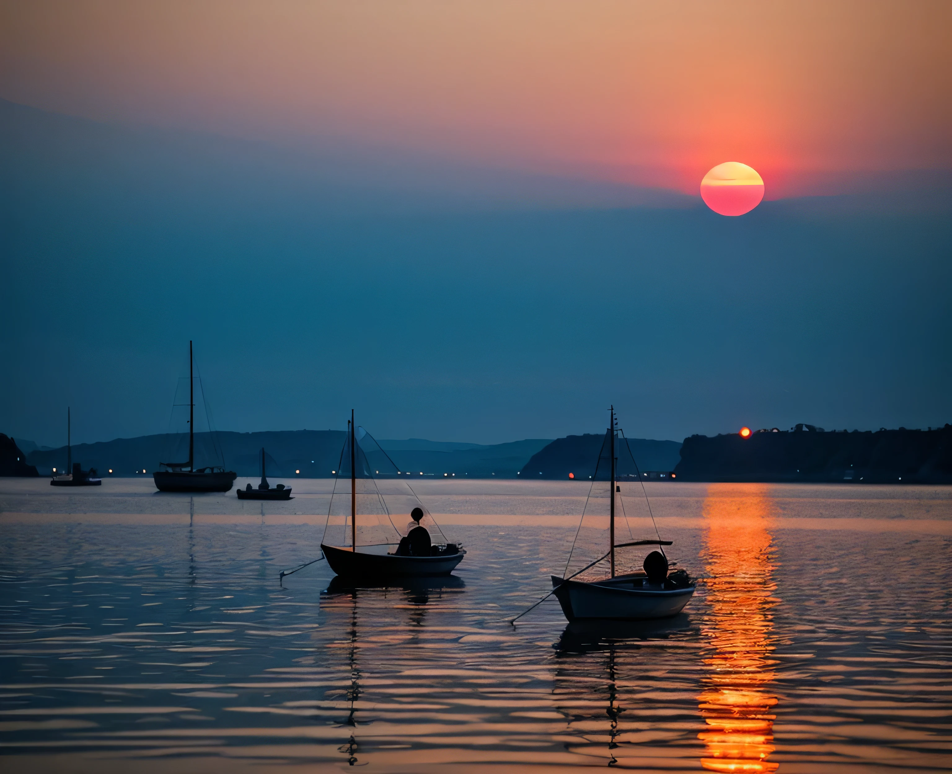 Long exposure photography，Award-winning photography，Practical，In waters with boats，Sunset, ，stunning lighting, Abstract， Claude Monet，Abstract，photography，high quality，blue，orange，Sunset，Beautiful scenery，photo，photoPractical