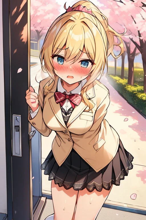 ((( masterpiece, highest quality))), ((girl)),、Browsing Caution、at close range、cute、blonde、Long Hair、Curly Ponytail、White Blazer、Checked skirt、Put your hands on your crotch：1.4、Knee socks vibrator thighvibe, Black lace panties、Life、anger、anger look、anger、((close)), ((Blushed)),,,Sweat、Perfect lighting、Natural light、Perfect composition、school gate、cherry blossoms