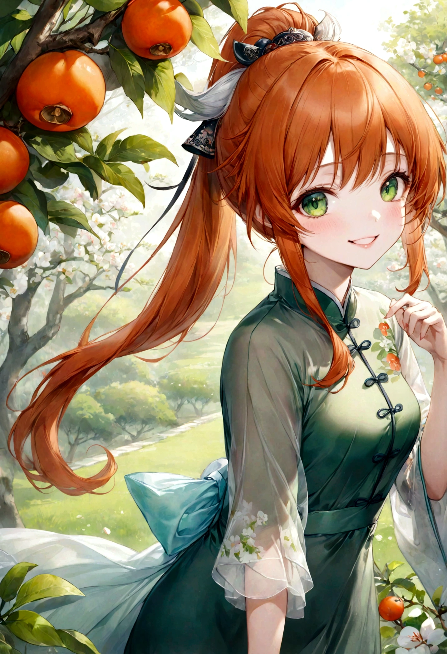 ((top-quality)), ((masterpiece)), ((ultra-detailliert)), (extremely delicate and beautiful), bright orange hair, long straight hair, long ponytail, spring green eyes, persimmon trees in the background, sheer silky qixiong ruqun, traditional chinese dress, mischievous smile, beautiful woman, cheerful