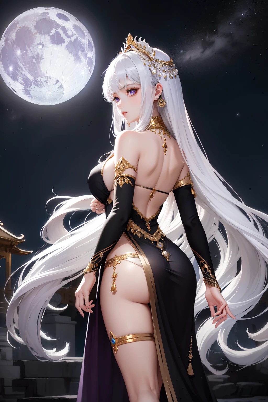 moon temple (masterpiece, best quality):
1 girl, solo, named Kala, adorned with white hair cascading down her back, eyes as deep as the universe's purple hue, and a face that radiates heavenly beauty. Her long hair flows in the gentle moonlight, highlighting her silver ornaments and intricate details in her dress. The moon temple, with its sacred waterfalls, stands tall against the starlit backdrop, a heavenly place in the moonlight.
Kala, dressed in a graceful, black elegant Indian dress with thin straps that leave her bare shoulders exposed, wears silver jewelry and silver details that sparkle under the moonlight. Her long