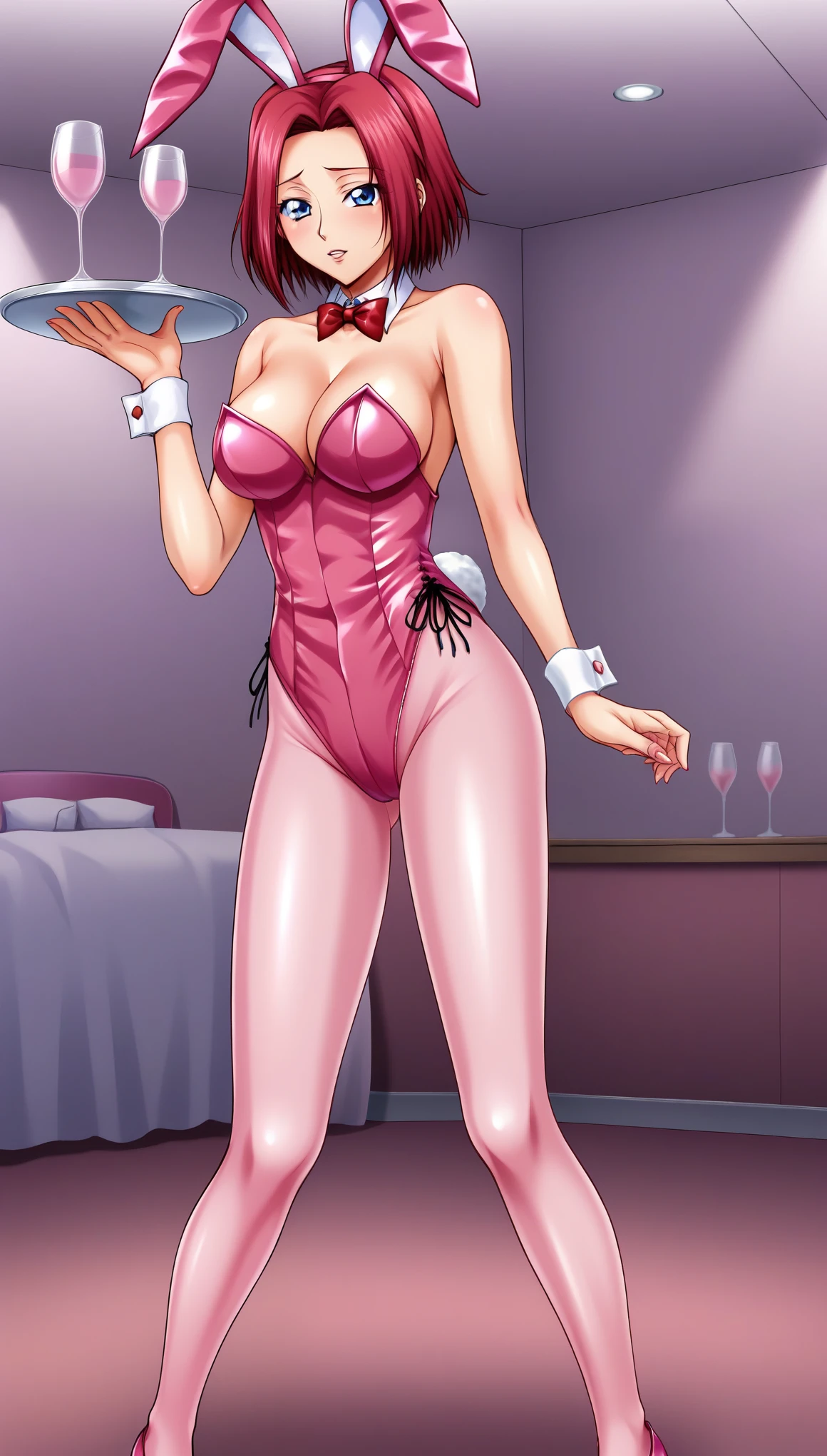 KallenStadfeldXL, blue eyes, red hair, short hair, parted bangs, large breasts, rabbit ears, red bowtie, pink playboy bunny, pink leotard, white wrist cuffs, pink pantyhose, pink footwear, (solo), standing, looking at viewer, indoors