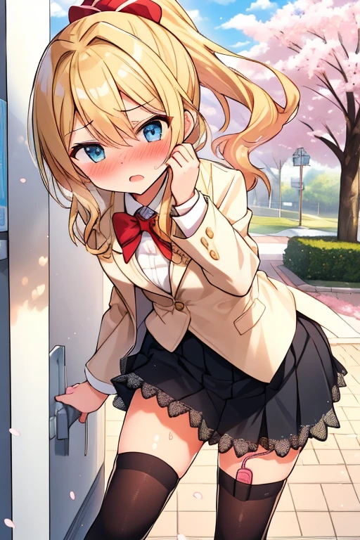 ((( masterpiece, highest quality))), ((girl)),、Browsing Caution、at close range、cute、blonde、Long Hair、Curly Ponytail、White Blazer、Checked skirt、Put your hands on your crotch:1.4、Knee socks vibrator thighvibe, Black lace panties、Life、anger、anger look、anger、((close)), ((Blushed)),,,Sweat、Perfect lighting、Natural light、Perfect composition、school gate、cherry blossoms