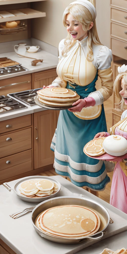 Making pancakes in the Asteria VK skillet,a blond,Twin-tailed,1little girl,Woman in her 30s,maid apronl,Laughing,kitchin,Bento,sodden,The upper part of the body
