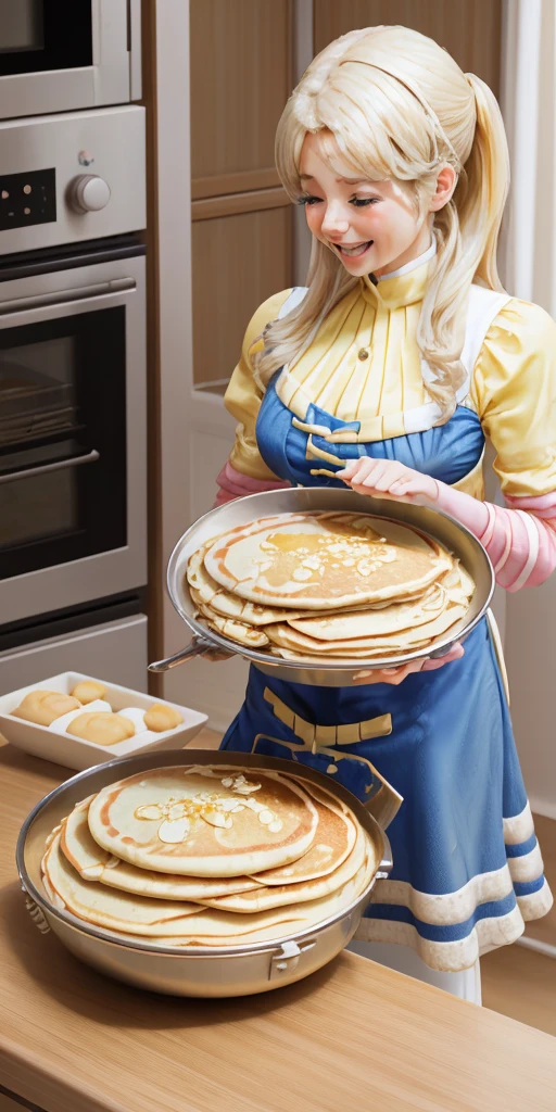 Making pancakes in the Asteria VK skillet,a blond,Twin-tailed,1little girl,Woman in her 30s,maid apronl,Laughing,kitchin,Bento,sodden,The upper part of the body