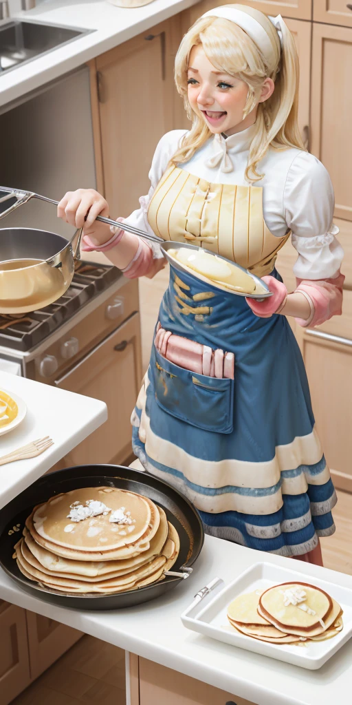 Making pancakes in the Asteria VK skillet,a blond,Twin-tailed,1little girl,Woman in her 30s,maid apronl,Laughing,kitchin,Bento,sodden,The upper part of the body