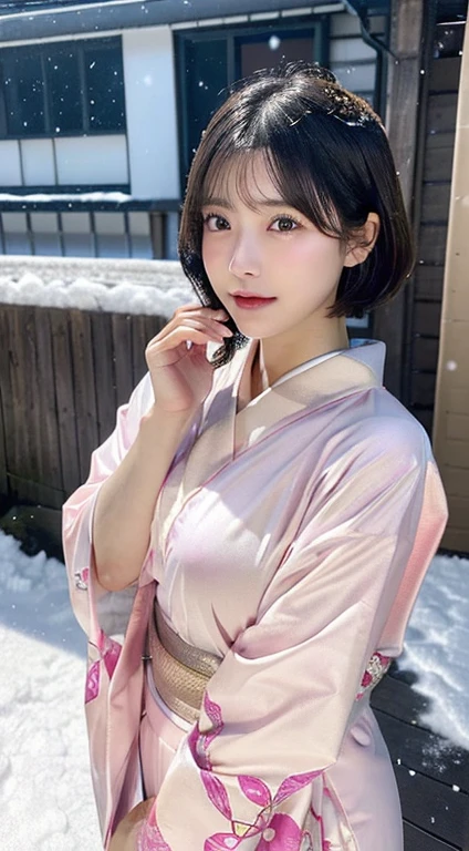 (Pink translucent Kimono)、(top-quality,masterpiece:1.3,超A high resolution,),(ultra-detailliert,Caustics),(Photorealsitic:1.4,RAW shooting,)Ultra-realistic capture,A highly detailed,high-definition16Kfor human skin、 Skin texture is natural、very large round breasts、The skin looks healthy with an even tone、 Use natural light and color,One Woman, Japanese,kawaii,A dark-haired,Short bob hair, head to knee, (depth of fields、chromatic abberation、、Wide range of lighting、Natural Shading、)、(Exterior light at night:1.4)、(Falling snow:1.2)、(Hair swaying in the wind:1.1)、(Light reflecting snow:1.2)、