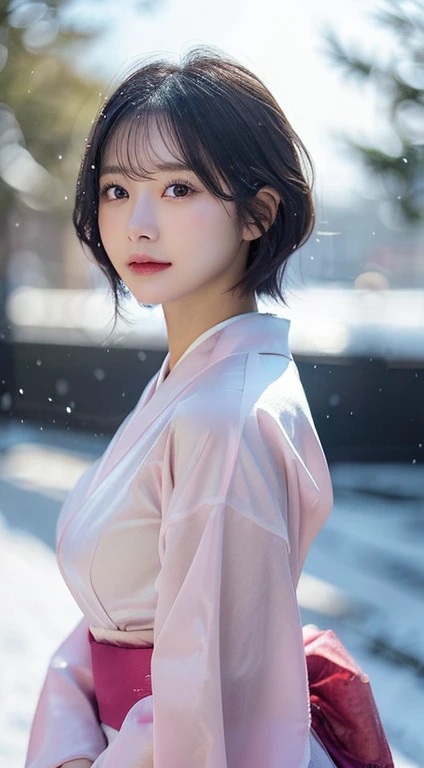 (Pink translucent Kimono)、(top-quality,masterpiece:1.3,超A high resolution,),(ultra-detailliert,Caustics),(Photorealsitic:1.4,RAW shooting,)Ultra-realistic capture,A highly detailed,high-definition16Kfor human skin、 Skin texture is natural、very large round breasts、The skin looks healthy with an even tone、 Use natural light and color,One Woman, Japanese,kawaii,A dark-haired,Short bob hair, head to knee, (depth of fields、chromatic abberation、、Wide range of lighting、Natural Shading、)、(Exterior light at night:1.4)、(Falling snow:1.2)、(Hair swaying in the wind:1.1)、(Light reflecting snow:1.2)、