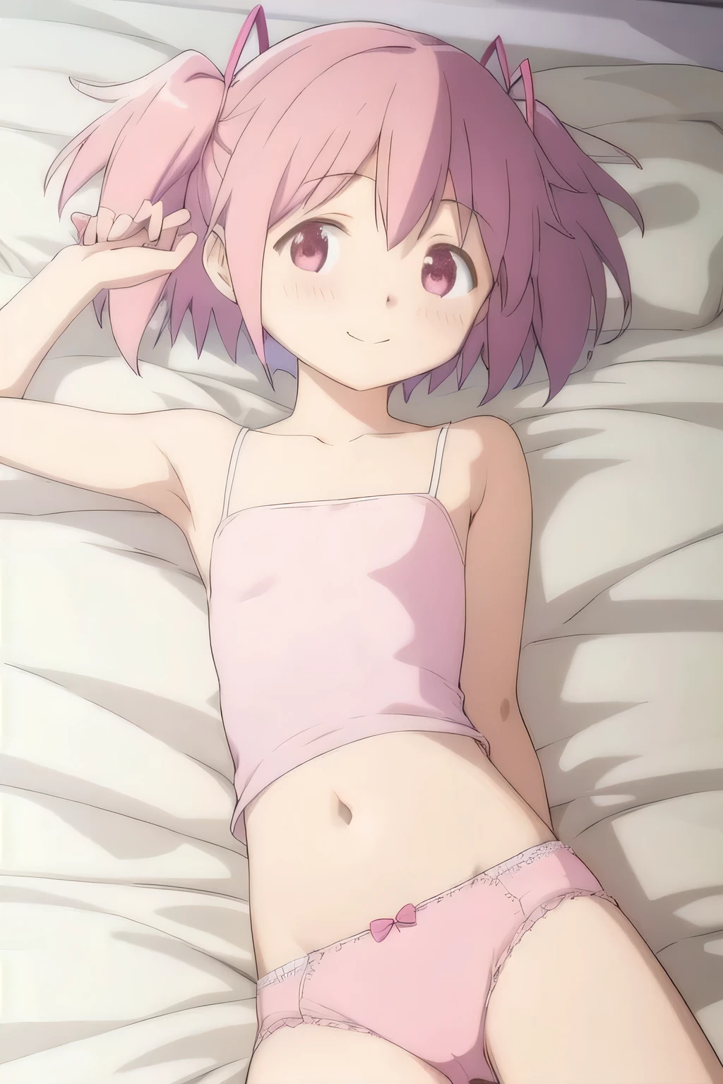 clean, {{scan}}, {{{masterpiece}}}, {{{high quality}}}, {{{animeted}}}, anime colored, {{{official art}}}, perfect body, best quality, (masterpiece:1.2), highly detailed, 2D, anime coloring, blush, lying, ((on back)), on bed, white bed, spread legs, legs up, arms behind back,  (((pink panties, pink camisole))), pov crotch, (flat chest:1.4), ((((Skinny)))), Slim Body, Slim waist, (((slim legs))), small hips, thin limbs, ((thin)), , slender, 1girl, madoka, collarbone, two side up, pink hair, crotch, white background, simple background, flat background, looking at viewer, cowboy shot, camel toe, navel, blush, closed mouth, shy, light smile, face-to-face, from above