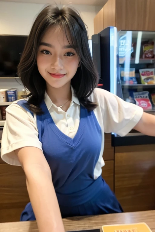 muste piece、High resolution、convenience store of the future、Convenience store clerk、26 year old female、1girl clerk、looking at the camera、smile、Finished as pictured、The cashier is also beautiful、Her skin is white and beautiful、long and beautiful hair、inner color、hair should be tied back、Clerk's uniform、