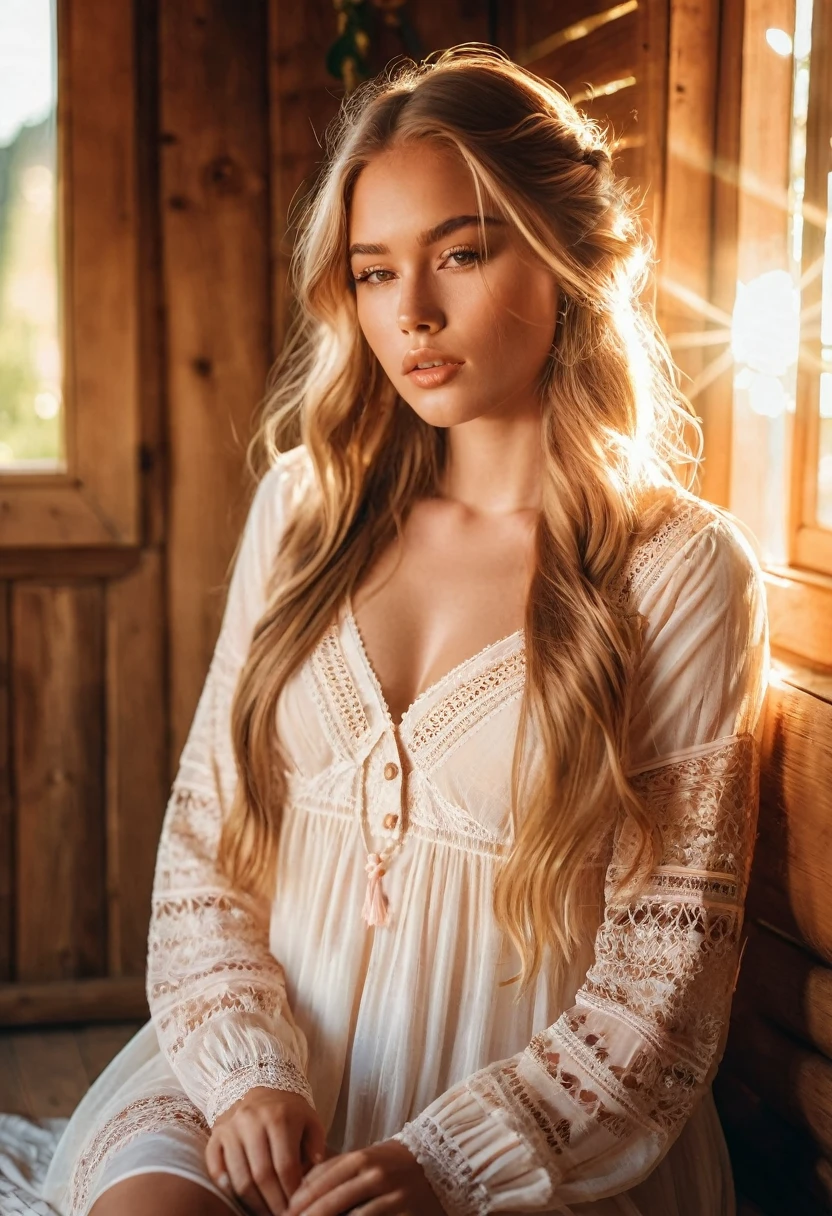 nordic young woman, cute face, seductive, best quality, masterpiece, translucent summer dress, golden hour, detailed textures, long braded hair, sitting on bed, posing, casual pose, wooden cottage, interior, [blush], aesthetic, intricate, caustics, light rays, sunlight, (((soft lips))), (((glossy lips))), highly detailed, (semi-realistic:1.2), niloudef, red hair