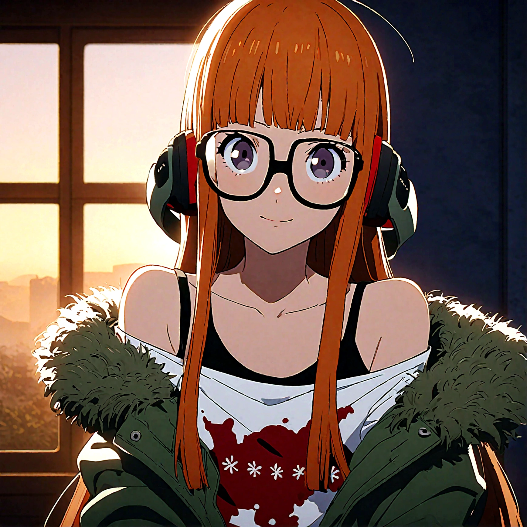 1girl, sakura futaba, upperbody, (masterpiece), cinematic, beautiful light, best quality, newest, aesthetic,very aesthetic,anime,anime keyvisual,indoor, sunset,