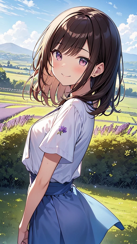 highest quality, masterpiece, Ultra-high resolution, 8k,,Early summer sky,((Summer clothing)),Show anime style , One, Soft Line Art, Digital Enhancement, shojo anime touch, shojo manga core, Flowing fabric, close, Soft Drawing, Ultra High Definition Digital Anime Art, Clear facial depiction, Highly detailed girl manga character art, Ultra-detailed manga style, highest qualityの色,
(Short brown hair), Wet Hair,Staring at us from the front,Beautiful brown hair, Clear brown eyes, A little chubby,Small breasts,Small butt,(((Teasing Smile))),hand,Landscape with nature,Lavender Fields,((Enter the lavender fields and gaze at the flowers.)),Angle that allows you to see all the way to your feet