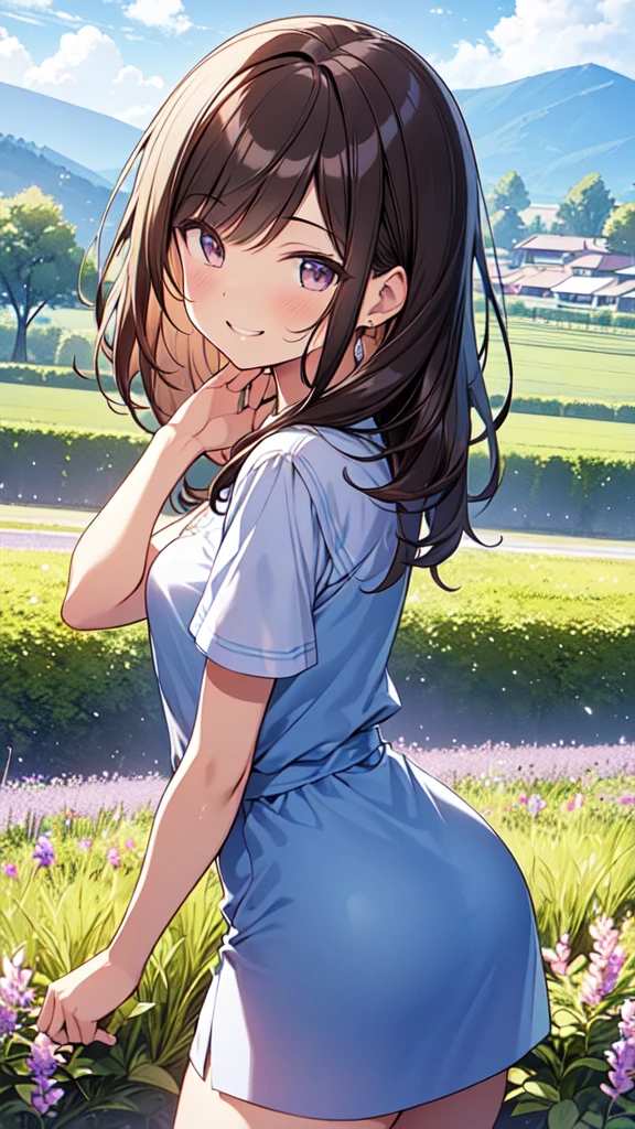 highest quality, masterpiece, Ultra-high resolution, 8k,,Early summer sky,((Summer clothing)),Show anime style , One, Soft Line Art, Digital Enhancement, shojo anime touch, shojo manga core, Flowing fabric, close, Soft Drawing, Ultra High Definition Digital Anime Art, Clear facial depiction, Highly detailed girl manga character art, Ultra-detailed manga style, highest qualityの色,
(Short brown hair), Wet Hair,Staring at us from the front,Beautiful brown hair, Clear brown eyes, A little chubby,Small breasts,Small butt,(((Teasing Smile))),hand,Landscape with nature,Lavender Fields,((Enter the lavender fields and gaze at the flowers.)),Angle that allows you to see all the way to your feet