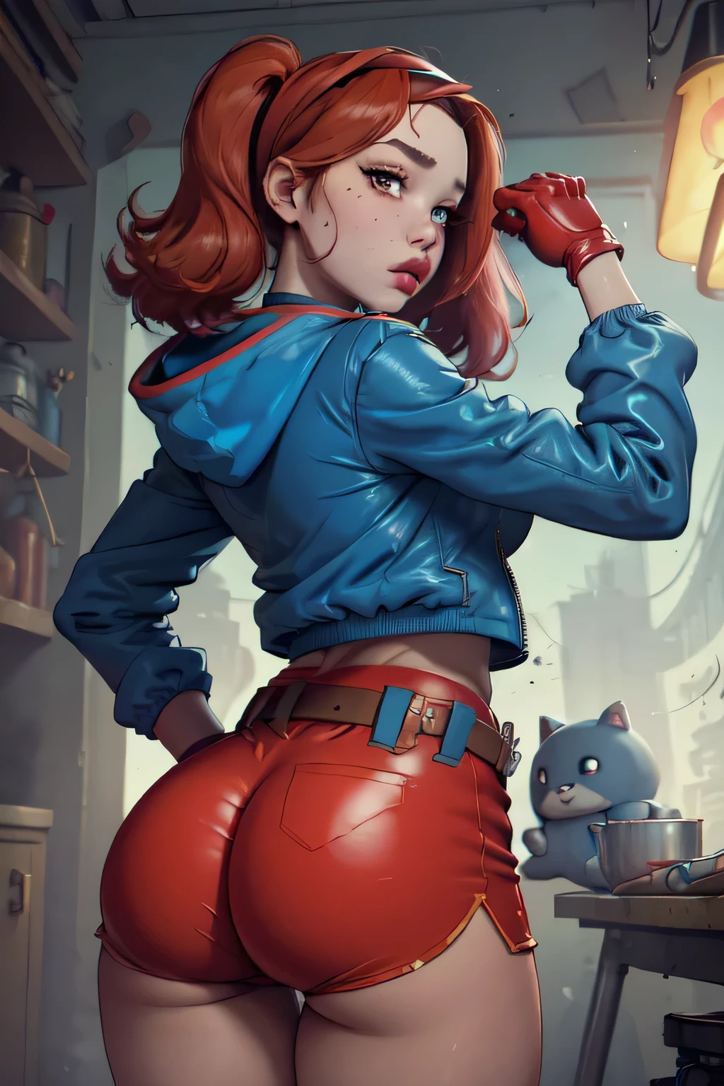 (masterpiece, best quality:1.2), solo, 1girl, pokimane, expressionless, looking at viewer, mole under eye, hairband, blue jacket, long sleeves, red gloves, booty shorts, belt,