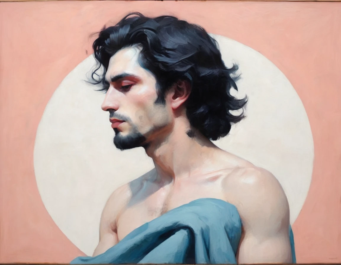 chiaroscuro technique on sensual illustration of an arafed man resting in white blanket, sexy masculine, model with attractive body, inspired by Ludovit Fulla, mid-shot of a hunky, the model draped in flowing, thick oil painting by Harumi Hironaka, extremely soft colors, vibrant, highly detailed, malcolm liepke painting, oil on canvas, high contrast, dramatic, refined, tonal, Create high contrast between light and shadow by Leon Polk Smith, memphis abstract minimal art, graphic shapes, minimal art, blue and red, minimal art style, bauhaus art, inspired by El Lissitzky, bold simple shapes, shadow