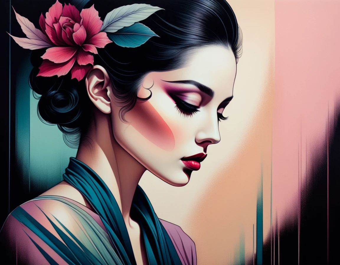 chiaroscuro technique on sensual illustration of an elegant woman, vintage , eerie, matte painting, by Hannah Dale, by Harumi Hironaka, extremely soft colors, vibrant, highly detailed, digital artwork, high contrast, dramatic, refined, tonal,