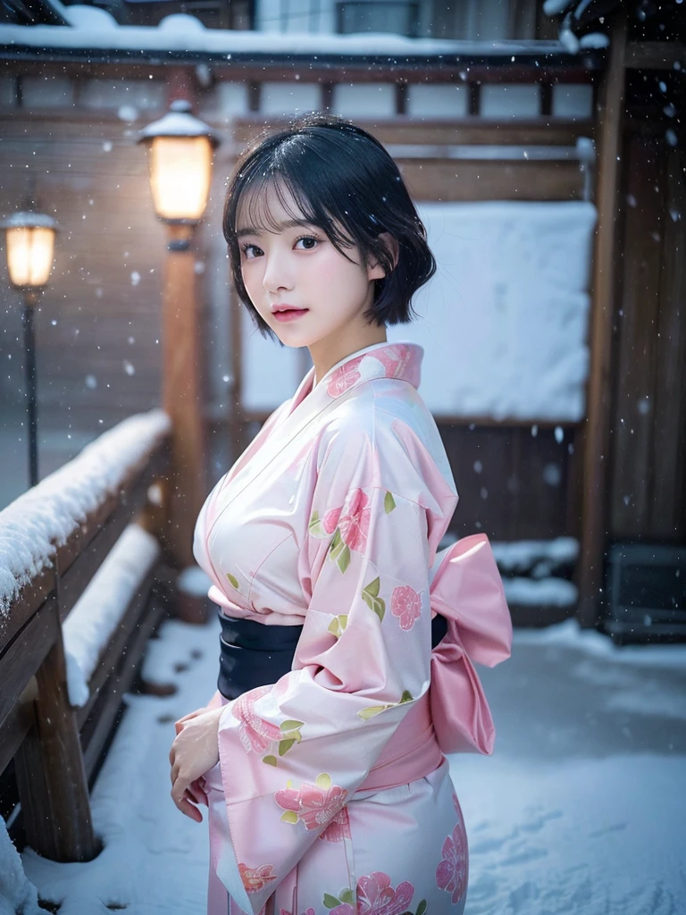 (Pink translucent Kimono)、(top-quality,​masterpiece:1.3,超A high resolution,),(ultra-detailliert,Caustics),(Photorealsitic:1.4,RAW shooting,)Ultra-realistic capture,A highly detailed,high-definition16Kfor human skin、 Skin texture is natural、very large round breasts、The skin looks healthy with an even tone、 Use natural light and color,One Woman, Japanese,kawaii,A dark-haired,Short bob hair, head to knee, (depth of fields、chromatic abberation、、Wide range of lighting、Natural Shading、)、(Exterior light at night:1.4)、(Falling snow:1.2)、(Hair swaying in the wind:1.1)、(Light reflecting snow:1.2)、