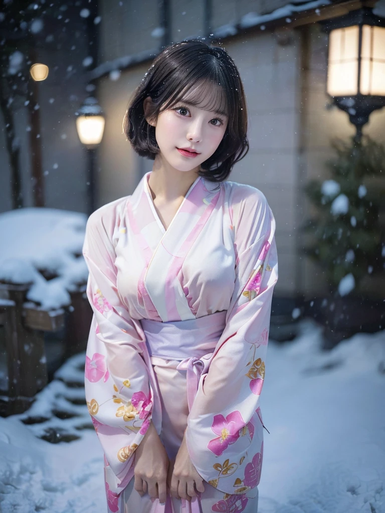 (Pink translucent Kimono)、(top-quality,​masterpiece:1.3,超A high resolution,),(ultra-detailliert,Caustics),(Photorealsitic:1.4,RAW shooting,)Ultra-realistic capture,A highly detailed,high-definition16Kfor human skin、 Skin texture is natural、very large round breasts、The skin looks healthy with an even tone、 Use natural light and color,One Woman, Japanese,kawaii,A dark-haired,Short bob hair, head to knee, (depth of fields、chromatic abberation、、Wide range of lighting、Natural Shading、)、(Exterior light at night:1.4)、(Falling snow:1.2)、(Hair swaying in the wind:1.1)、(Light reflecting snow:1.2)、