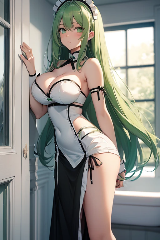 /(Girl),(anime),(long green hair and green eyes),(18 years old),(full body with GL size breasts),(and big ass),(white),(wearing),+,(A maid outfit in black and white colors with a tight, sensual and short pencil skirt and a strapless dress showing off her shoulders in a very sensual way)