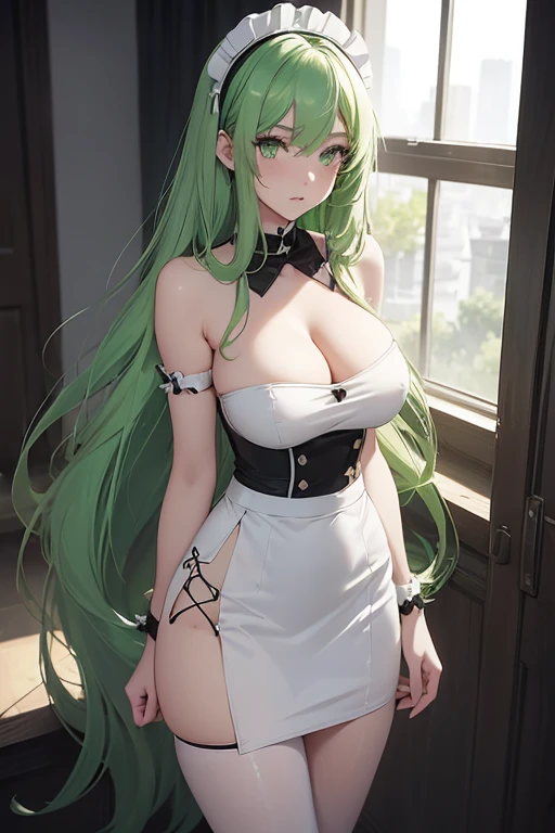 /(Girl),(anime),(long green hair and green eyes),(18 years old),(full body with GL size breasts),(and big ass),(white),(wearing),+,(A maid outfit in black and white colors with a tight, sensual and short pencil skirt and a strapless dress showing off her shoulders in a very sensual way)