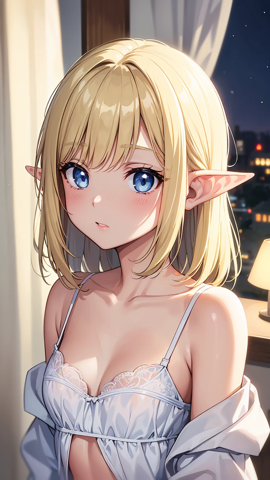 16k、masterpiece、High definition、High resolution、((Young Elven Woman))、((Beautiful white skin))、Small breasts、((Beautiful blonde))、Bobcut、((Beautiful Blue Eyes))、((Narrow eyes))、((Pointed Ears))、Shy face、blush、Pink lip gloss、Luxury lace bra、((Bedroom at night))、Dimly lit room、Downlight light、Look up at me、((Close up of upper body))