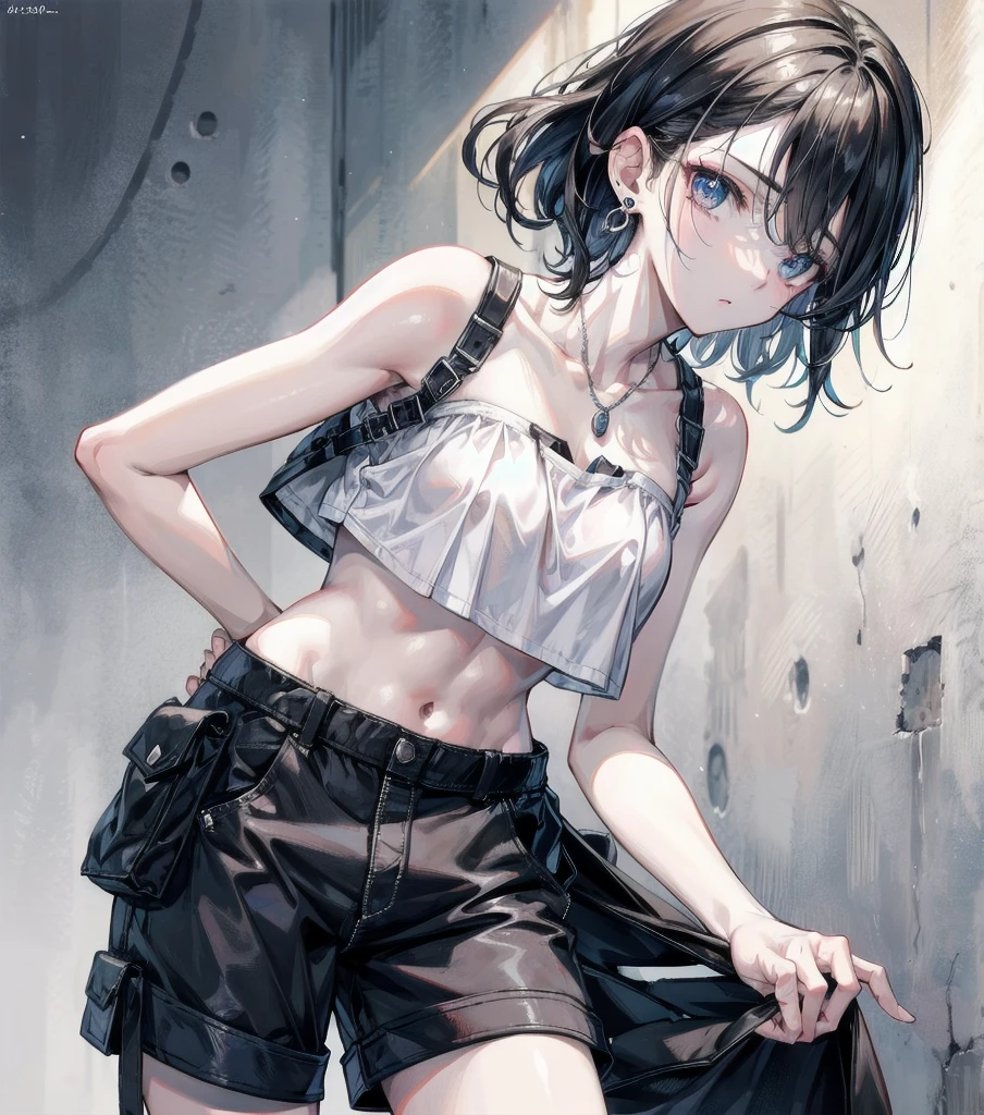 cargo pants, shorts, Crop top, strapless, solo, absurdres, RAW photo, extremely delicate and beautiful, masterpiece, Best Quality, ultra high resolution, 32k, hyperrealistic, ultra-detailed, detailed description, perfect anatomy, pale skin, 20 years old, detailed beautiful face and eyes, tearful mole, earring, short medium hair, wavy hair, medium tits,