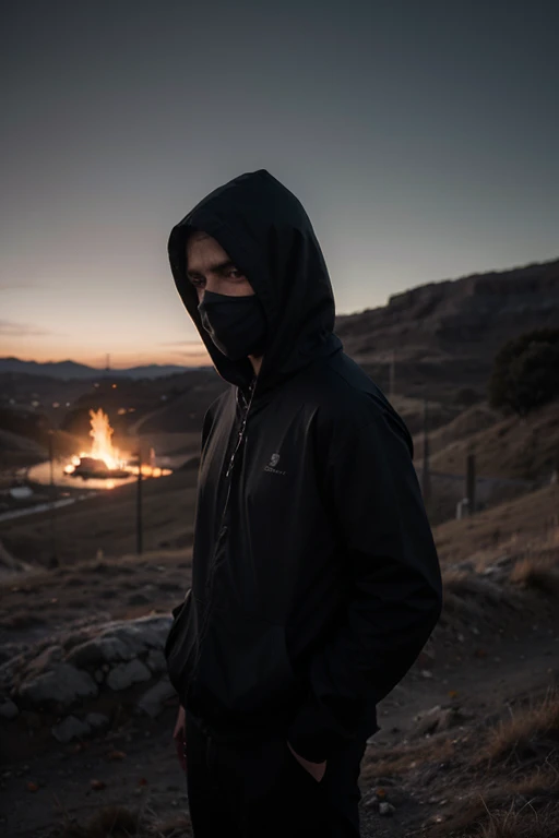 fire with dark landscape with a man wearing a hood without showing his face, apenas os olhos avermelhados fluorescente