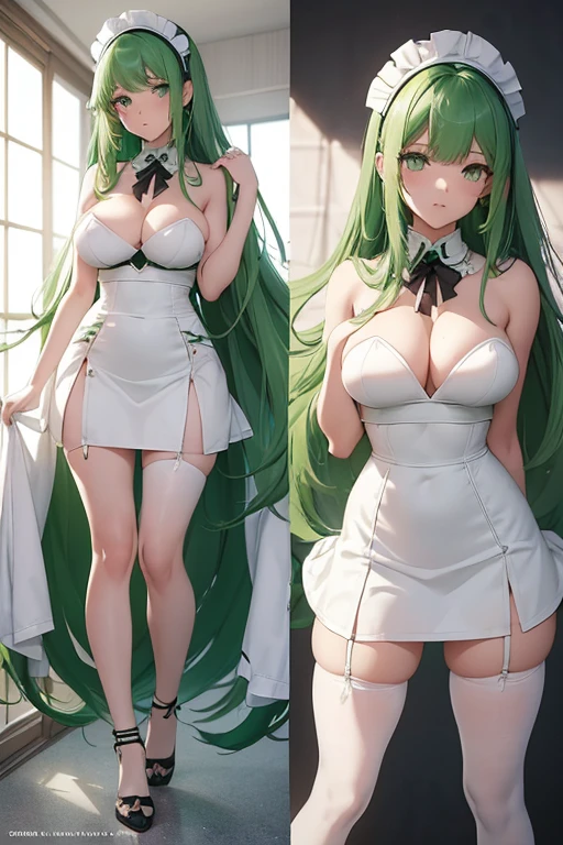 /(Girl),(anime),(long green hair and green eyes),(18 years old),(full body with GL size breasts),(and big ass),(white),(Hippinating your ass),(wearing),+,(A maid outfit in black and white colors with a tight, sensual and short pencil skirt and a strapless dress showing off her shoulders in a very sensual way)