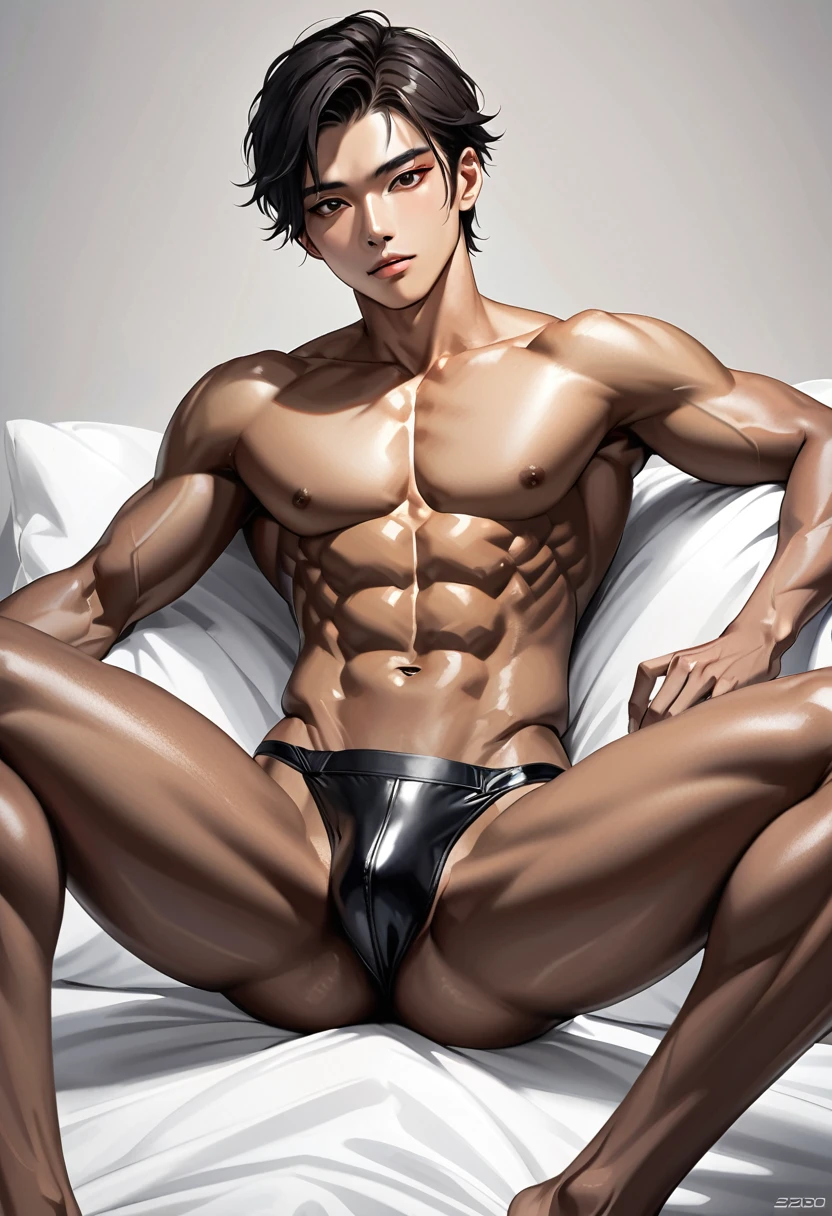 high quality, detailed, Realistic, 22 years old japanese boy --s 200, (detailed brown eyes), (abs:1.5), (black shiny skin), (detailed areola), black short hair, (black tiny thong), (bulge), spread legs,(grin:0.7),