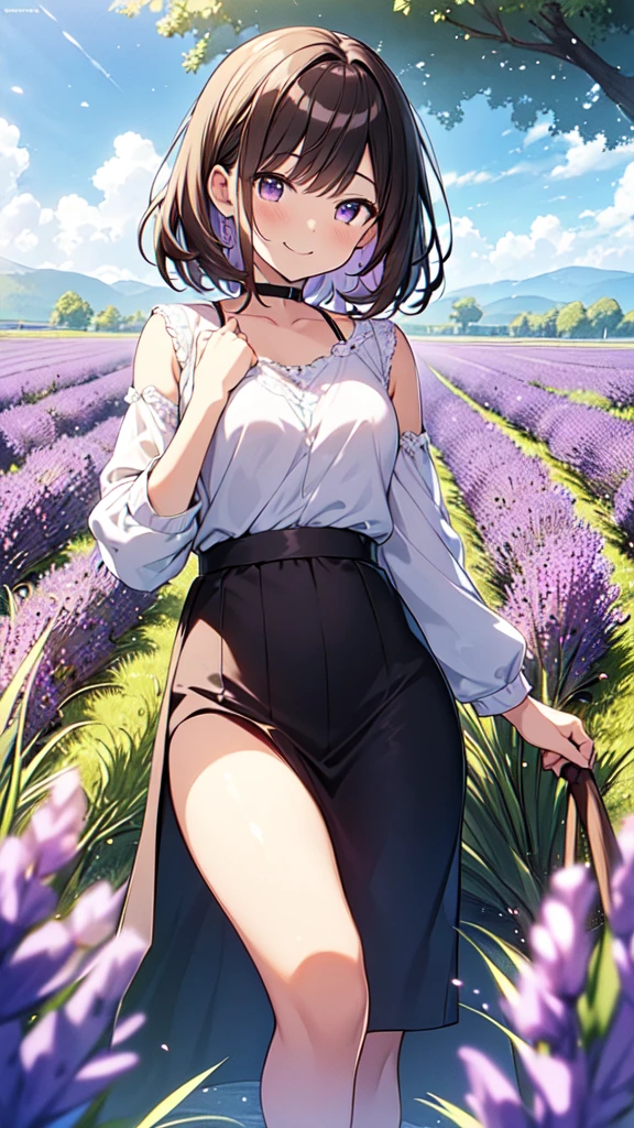 highest quality, masterpiece, Ultra-high resolution, 8k,,Early summer sky,((Summer clothing)),Show anime style , One, Soft Line Art, Digital Enhancement, shojo anime touch, shojo manga core, Flowing fabric, close, Soft Drawing, Ultra High Definition Digital Anime Art, Clear facial depiction, Highly detailed girl manga character art, Ultra-detailed manga style, highest qualityの色,
(Short brown hair), Wet Hair,Staring at us from the front,Beautiful brown hair, Clear brown eyes, A little chubby,Small breasts,Small butt,(((Teasing Smile))),hand,Landscape with nature,(((Many lavender fields))),((Enter the fields and gaze at the lavender)),Angle that allows you to see all the way to your feet