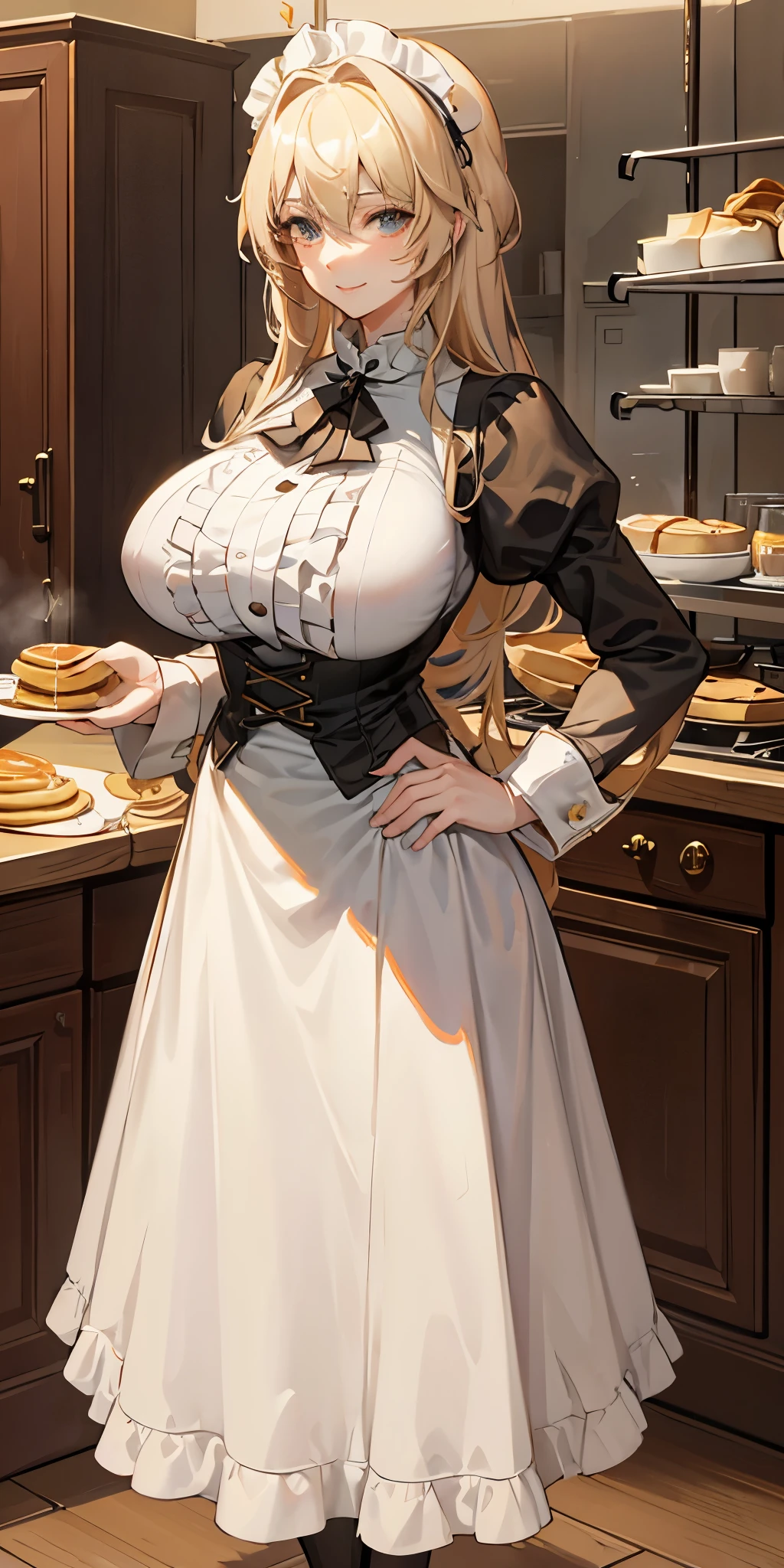 pancakes in the Asteria VK skillet,a blond,Twin-tailed,MILFWoman in her 30s hands on hips, maid APRON with shape LOVE symbol,Smile,kitchen, the upper part of the body