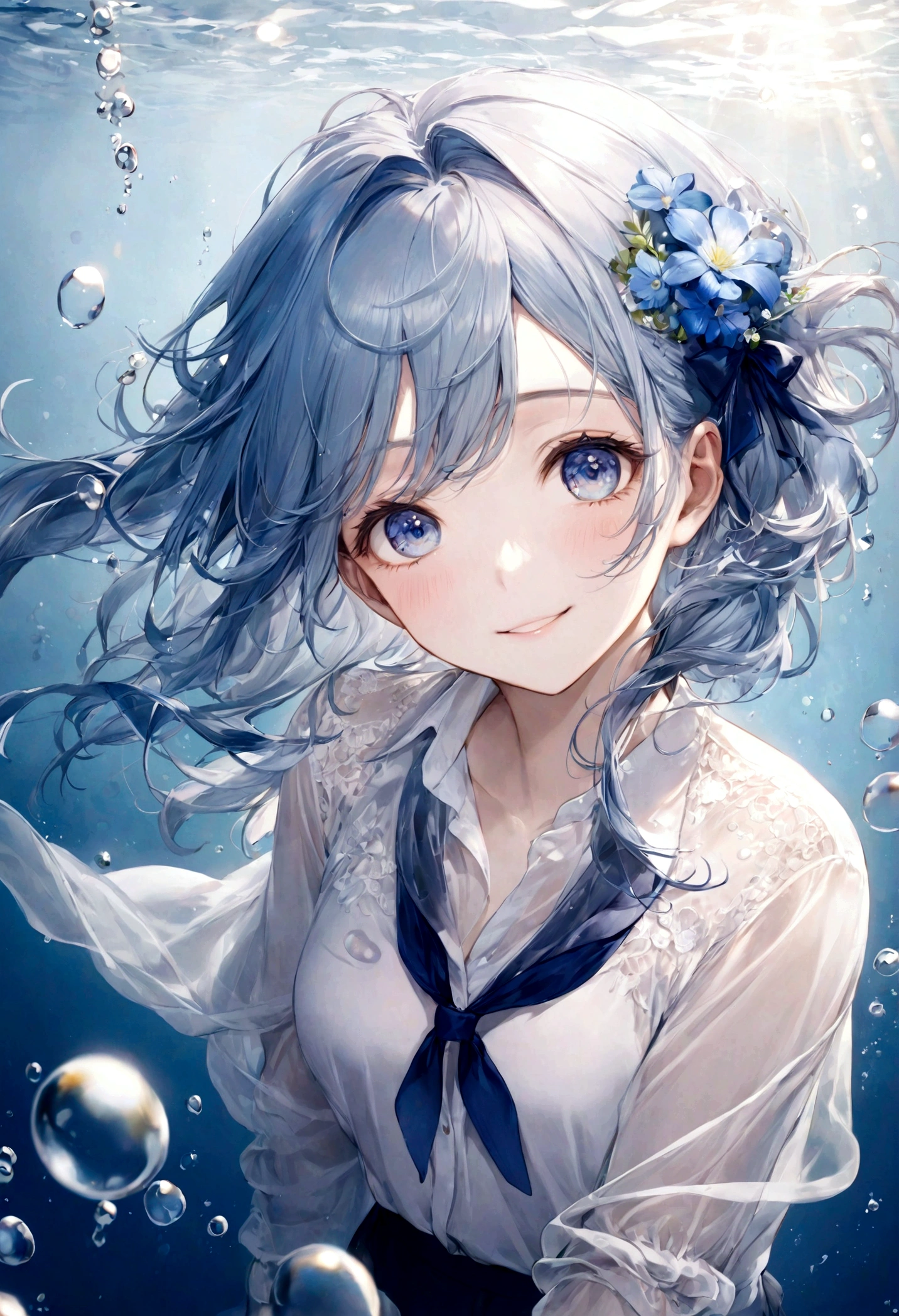 ((top-quality)), ((​masterpiece)), ((ultra-detailliert)), (extremely delicate and beautiful), bright sky blue hair, watery hair, bright sapphire eyes, fair skin, beautiful woman, sheer white shirt, sheer silky navy shorts, navy blue ribbon ties, pearl decorations, underwater world, cold background, air bubbles, water bubbles, underwater, sweet smile, relaxed expression, delicate wavy long hair, blue and white flowers in the water