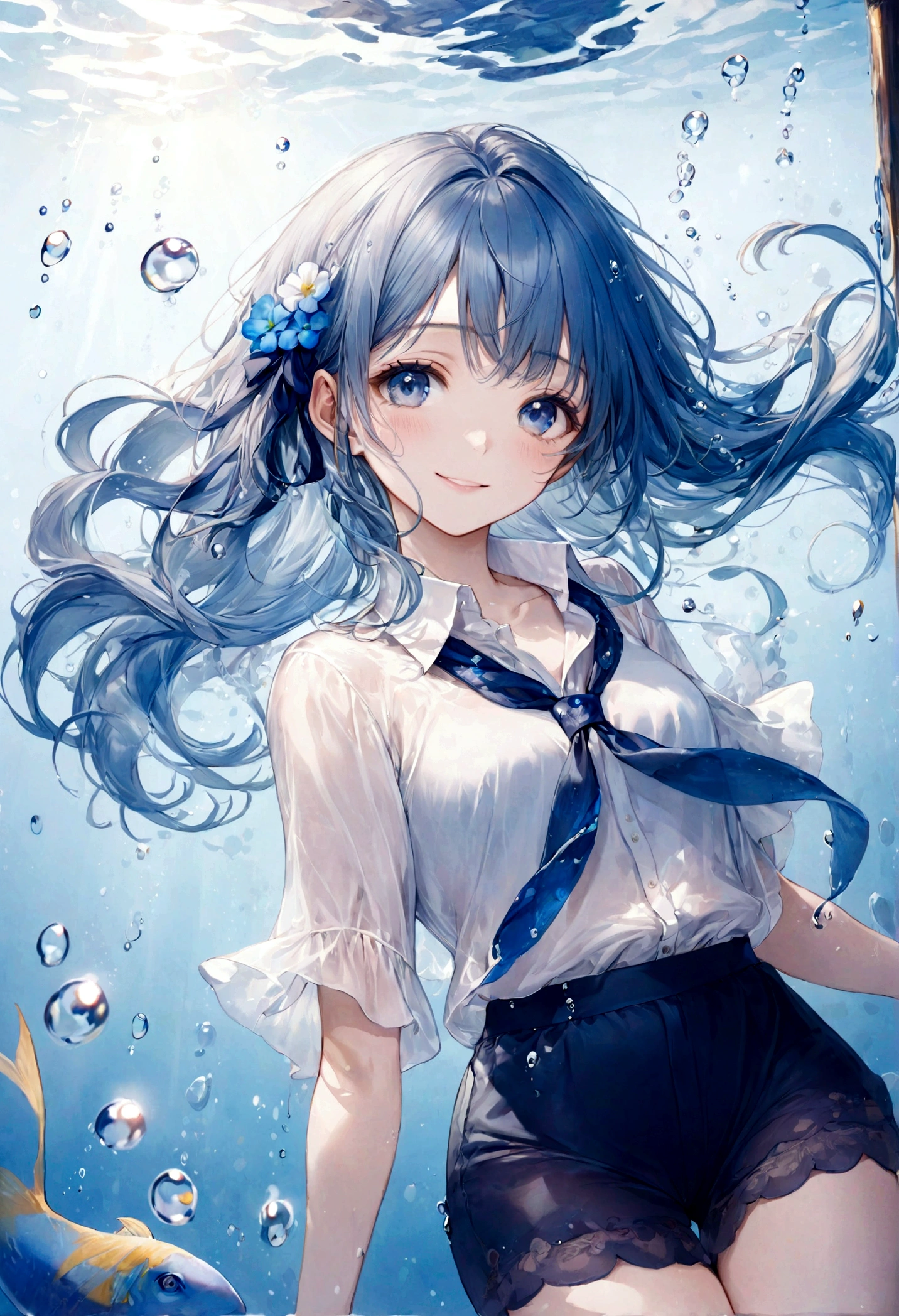 ((top-quality)), ((​masterpiece)), ((ultra-detailliert)), (extremely delicate and beautiful), bright sky blue hair, watery hair, bright sapphire eyes, fair skin, beautiful woman, sheer white shirt, sheer silky navy shorts, navy blue ribbon ties, pearl decorations, underwater world, cold background, air bubbles, water bubbles, underwater, sweet smile, relaxed expression, delicate wavy long hair, blue and white flowers in the water