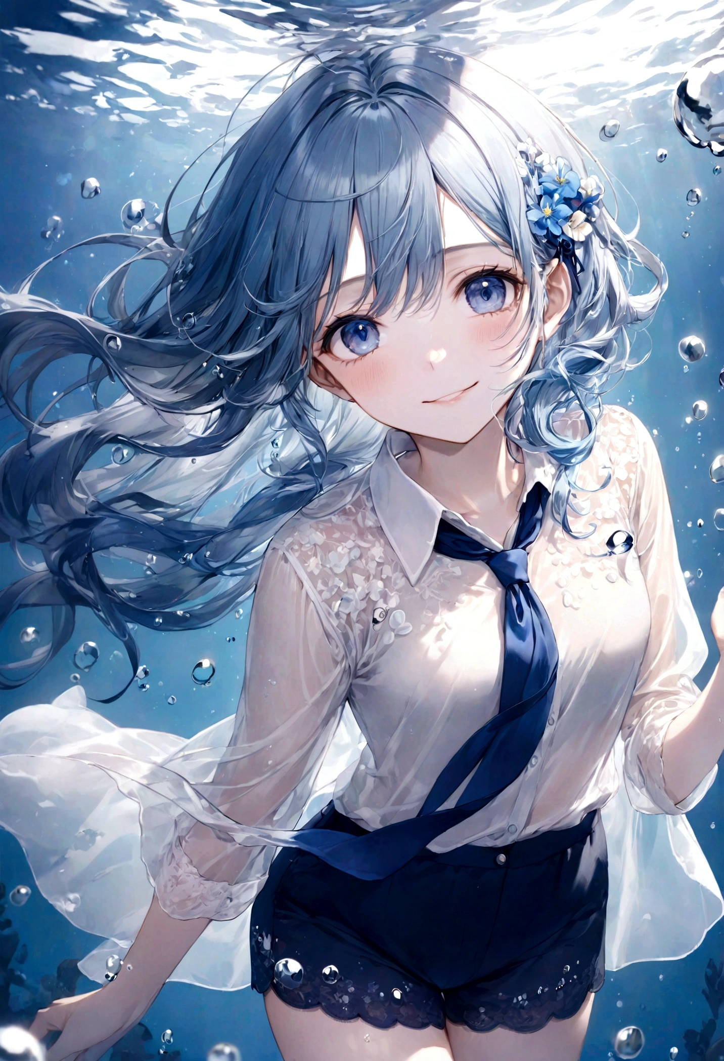 ((top-quality)), ((masterpiece)), ((ultra-detailliert)), (extremely delicate and beautiful), bright sky blue hair, watery hair, bright sapphire eyes, fair skin, beautiful woman, sheer white shirt, sheer silky navy shorts, navy blue ribbon ties, pearl decorations, underwater world, cold background, air bubbles, water bubbles, underwater, sweet smile, relaxed expression, delicate wavy long hair, blue and white flowers in the water