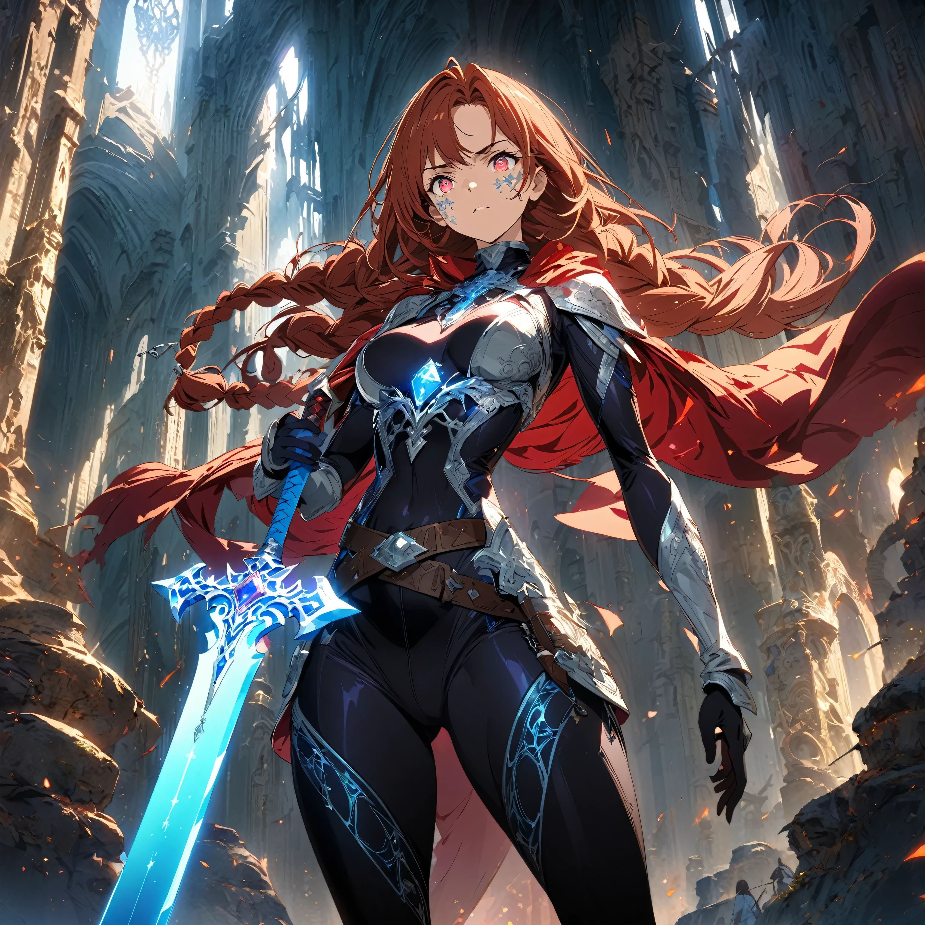 A girl with long, flowing auburn hair in a practical braid, and striking amber eyes. She wears a form-fitting, dark indigo bodysuit adorned with intricate silver runes and symbols that glow faintly, high reinforced boots, and long gloves with silver accents. Her facial expression is Determined/Focused She has a wide leather belt with pouches and a sheath for an ancient, sleek sword with a softly glowing blue blade and gemstone-decorated hilt. Over her bodysuit, she wears a shimmering, color-shifting cloak with a high collar. She stands in a mystical ancient setting, holding her glowing sword confidently, ready for battle, in a fantasy medieval style, centered| detailed gorgeous face| anime style| key visual| intricate detail| highly detailed| breathtaking| vibrant| panoramic| cinematic| Carne Griffiths| Conrad Roset| gibbli 8k
