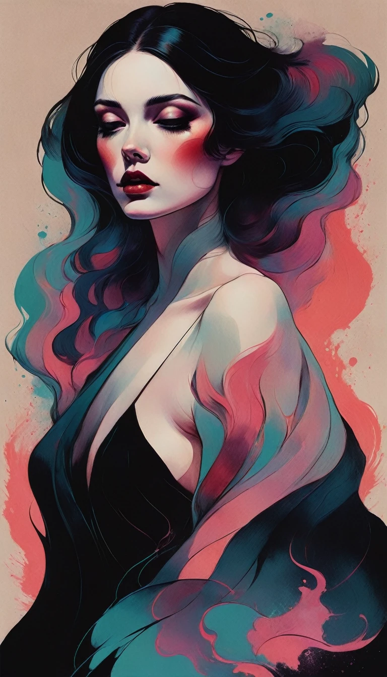 chiaroscuro technique on sensual illustration of an elegant woman, vintage , eerie, matte painting, by Hannah Dale, by Harumi Hironaka, extremely soft colors, vibrant, highly detailed, digital artwork, high contrast, dramatic, refined, tonal,