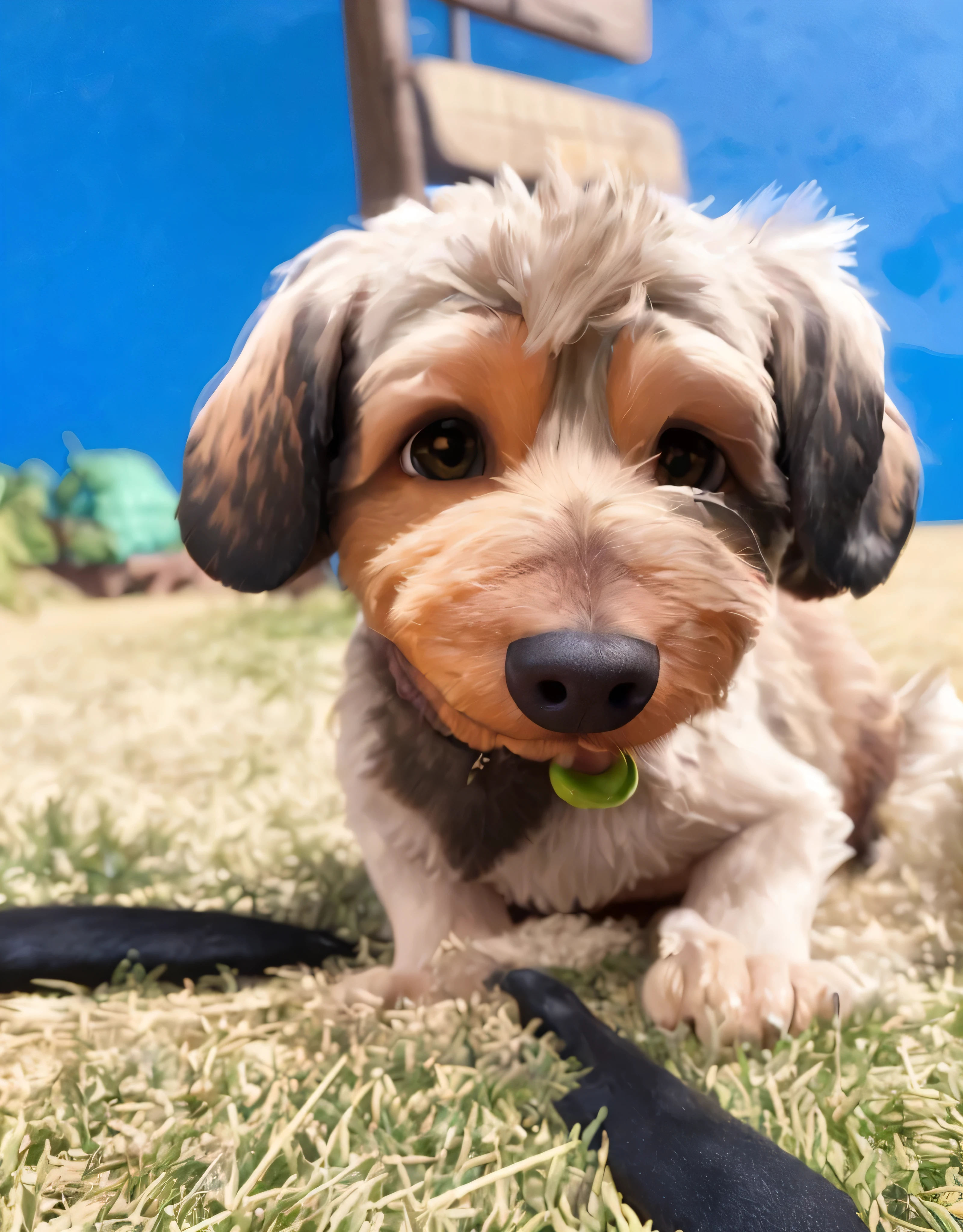 The image shows an adorable dog lying on dry grass. Ele tem uma pelagem curta e ondulada, predominantemente marrom clara, com manchas mais escuras e avermelhadas nas orelhas e ao redor do focinho. Its snout is black and shiny, contrastando com o pelo ao redor. The dog's eyes are big, castanhos e expressivos, looking directly at the camera with a curious and kind expression.
The dog's ears are medium, droopy and have darker extremities. Ele usa uma coleira com uma pequena medalha verde pendurada, which adds a touch of color to your neck. The dog is lying comfortably on the grass, com as patas dianteiras relaxadas ao seu lado.
Ao fundo, there is a vibrant blue wall, que destaca ainda mais a figura do cachorro. Acima dele, uma placa de madeira desfocada pode ser vista, sugerindo que a imagem foi tirada em um ambiente ao ar livre, possivelmente em um parque ou quintal. There is also a detail of a black ribbon, possivelmente uma guia, which is partially visible in the lower corner of the image. The combination of natural elements and bright colors creates a welcoming and cheerful atmosphere in the photo.
