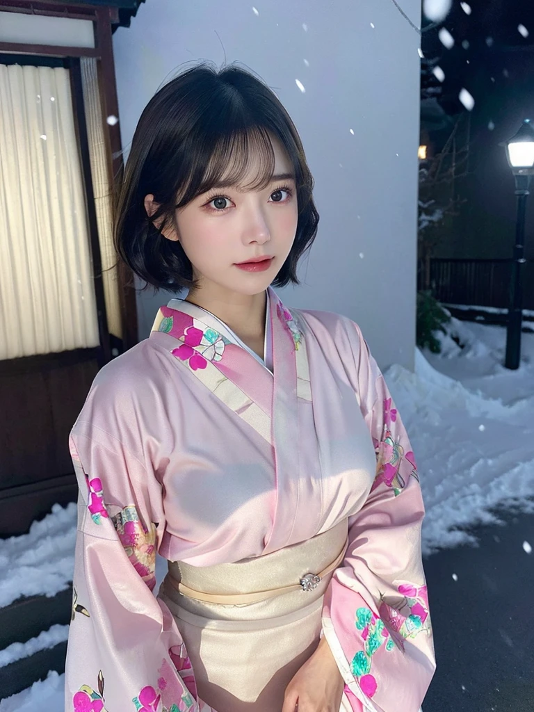 (Pink translucent Kimono)、(top-quality,masterpiece:1.3,超A high resolution,),(ultra-detailliert,Caustics),(Photorealsitic:1.4,RAW shooting,)Ultra-realistic capture,A highly detailed,high-definition16Kfor human skin、 Skin texture is natural、very large round breasts、The skin looks healthy with an even tone、 Use natural light and color,One Woman, Japanese,kawaii,A dark-haired,Short bob hair, head to knee, (depth of fields、chromatic abberation、、Wide range of lighting、Natural Shading、)、(Exterior light at night:1.4)、(Falling snow:1.2)、(Hair swaying in the wind:1.1)、(Light reflecting snow:1.2)、