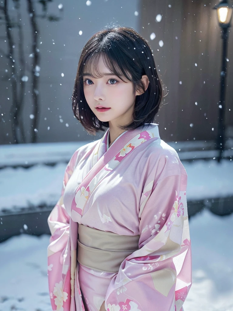 (Pink translucent Kimono)、(top-quality,​masterpiece:1.3,超A high resolution,),(ultra-detailliert,Caustics),(Photorealsitic:1.4,RAW shooting,)Ultra-realistic capture,A highly detailed,high-definition16Kfor human skin、 Skin texture is natural、very large round breasts、The skin looks healthy with an even tone、 Use natural light and color,One Woman, Japanese,kawaii,A dark-haired,Short bob hair, head to knee, (depth of fields、chromatic abberation、、Wide range of lighting、Natural Shading、)、(Exterior light at night:1.4)、(Falling snow:1.2)、(Hair swaying in the wind:1.1)、(Light reflecting snow:1.2)、