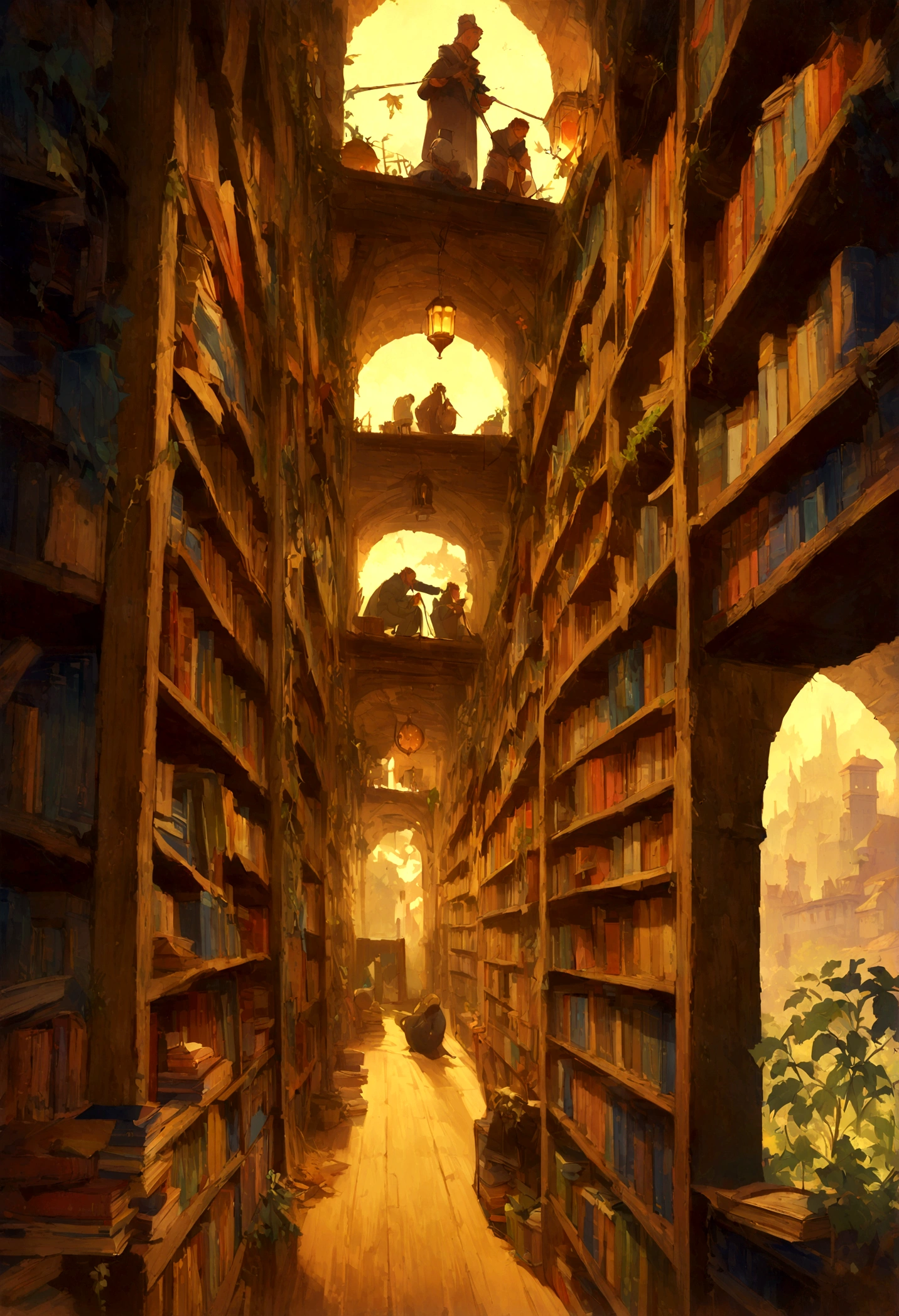shelves of a library with many books, well-organized shelves 2D acrylic illustration taking advantage of a palette of rich colors and emotional tones, mixed palette techniques and fine brushstrokes, in a style that resonates with Makoto Shinkai, Jamie Wyeth, James Gilleard, Edward Hopper , Greg Rutkowski, Studio Ghibli and the aesthetics of fantasy.