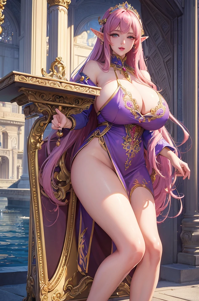 ((masterpiece)), ((best quality)), (ultra-detailed), ((extremely detailed)), 4K, (8K), best quality, (beautiful), (naughty :1.4),anime style,beautiful milf,elf,huge breast,absurdly long hair,shiny hair,beautiful light gold hair,beautiful violet eyes,plump lips,pink lip,transparent dress,Fountain of Fortune