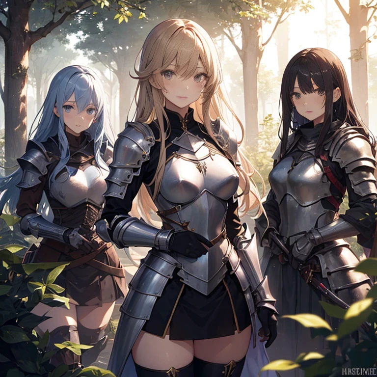 A group of  female knight, (in forest), various hair styles, harem, wearing armored clothes, metal armor, night, details face, , short skirt, seducing, sword 