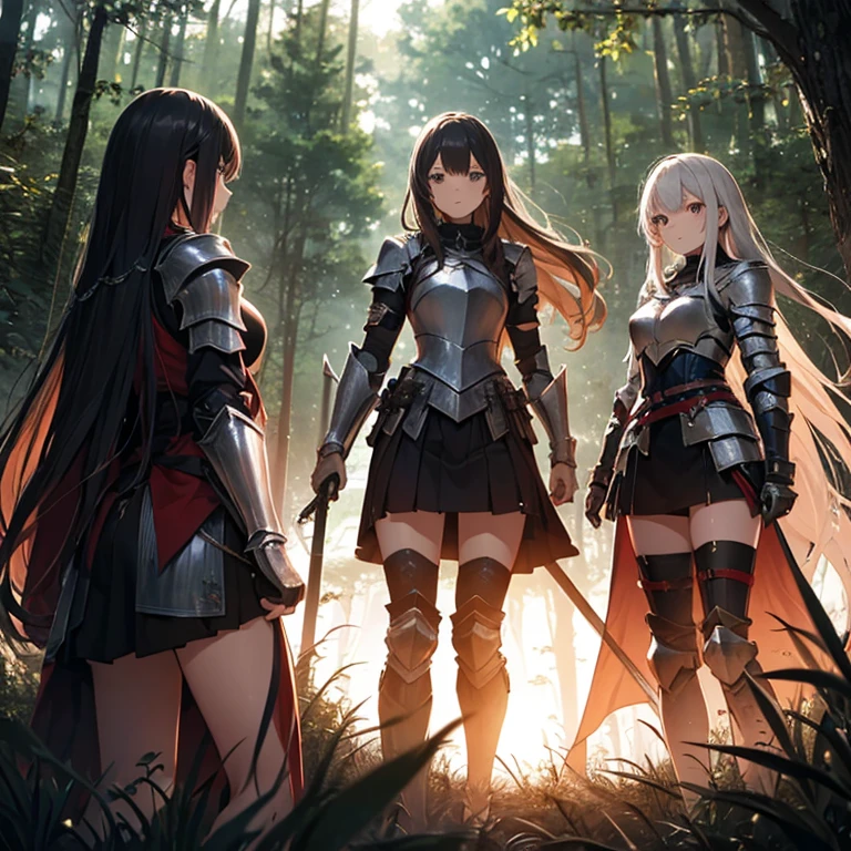 A group of female knight, (in forest), various hair styles, harem, wearing armored clothes, metal armor, night, details face, , short skirt, seducing, sword