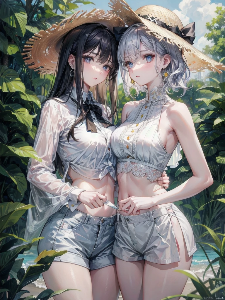absurdres, RAW photo, extremely delicate and beautiful, masterpiece, Best Quality, ultra high resolution, 32k, hyperrealistic, ultra-detailed, detailed description, perfect anatomy, pale skin, 20 years old, detailed beautiful face and eyes, tearful mole, earring, short medium hair, wavy hair, whole body shot, colossal tits, ((yuri)), (((2 girls))), casual, blouse, white shirt, buttoned shirt, bare shoulders, collarbone, midriff, navel, shorts, straw hat, outdoors, 